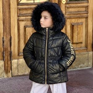 NWOT Juicy Couture Fur Hooded Cinched Sparkle Y2K Bubble Puffer